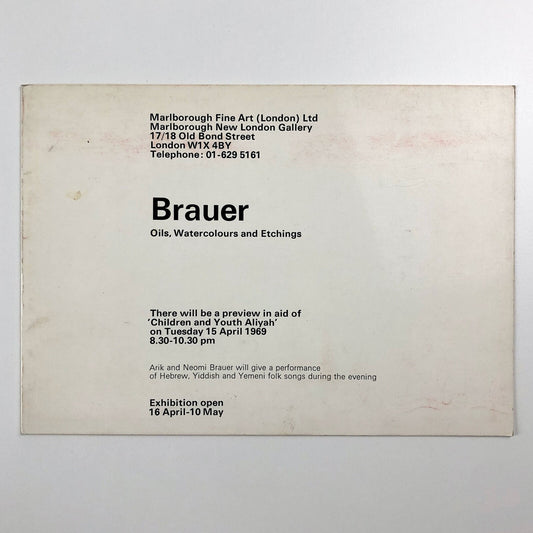 Brauer Oils, Watercolours and Etchings | Marlborough Fine Art promotional card, 1969