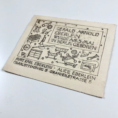 Card – Birth of Gerald Arnold Eberlein on 5 May (1930) to Kurt Karl and Alice Eberlein | Engraving on heavy paper