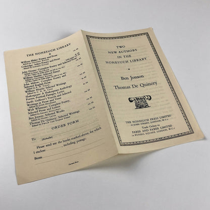 Two New Authors in the Nonesuch Press Library: Ben Jonson, Thomas De Quincey 1939 | Promotional leaflet