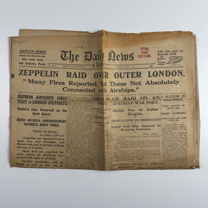 The Daily News newspaper ‘Zeppelin raid over outer London’ No 21599 1 June 1915. Final War Edition