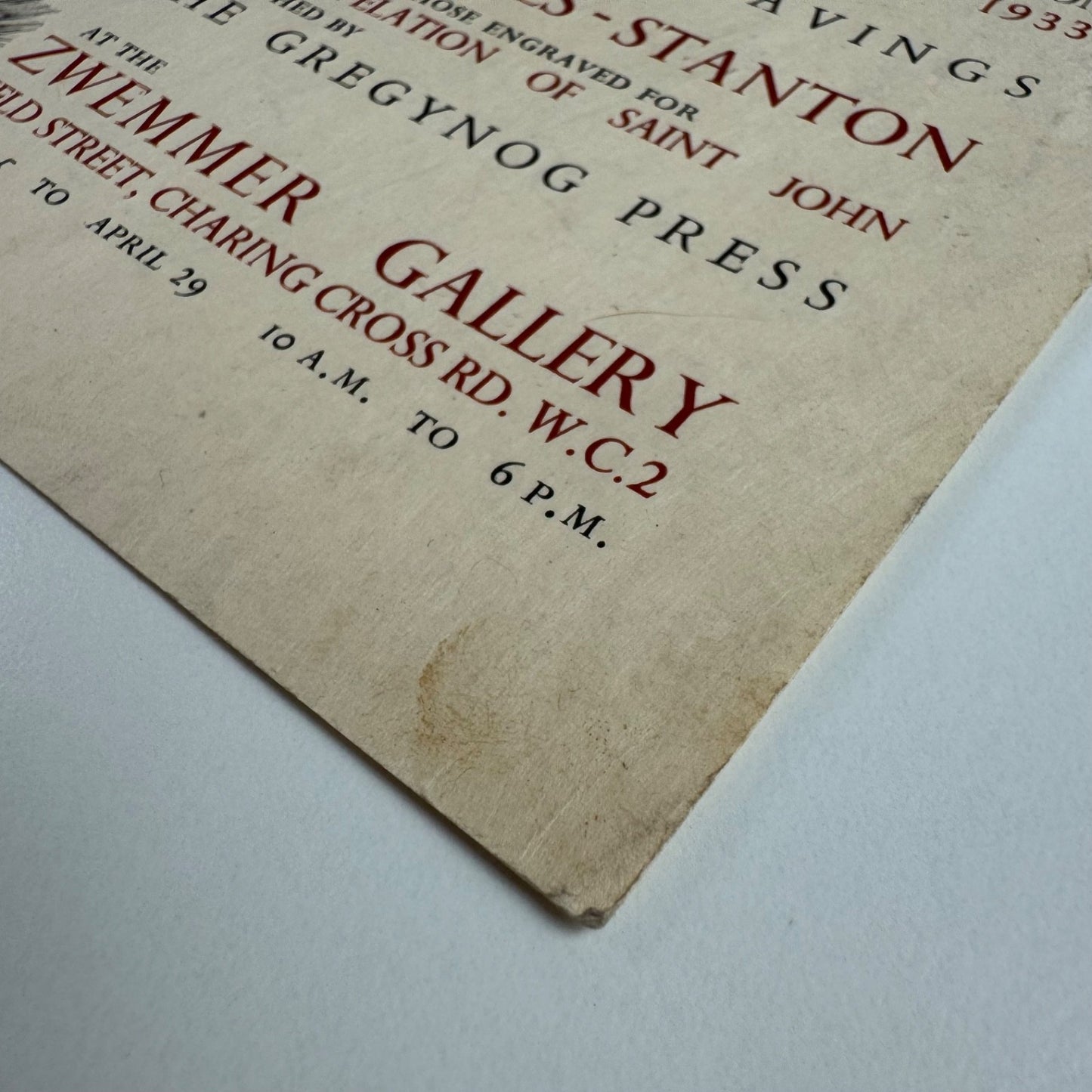 Private view invite for Wood Engavings of Blair Hughes-Stanton wood-engravings Zwemmer Gallery 1933