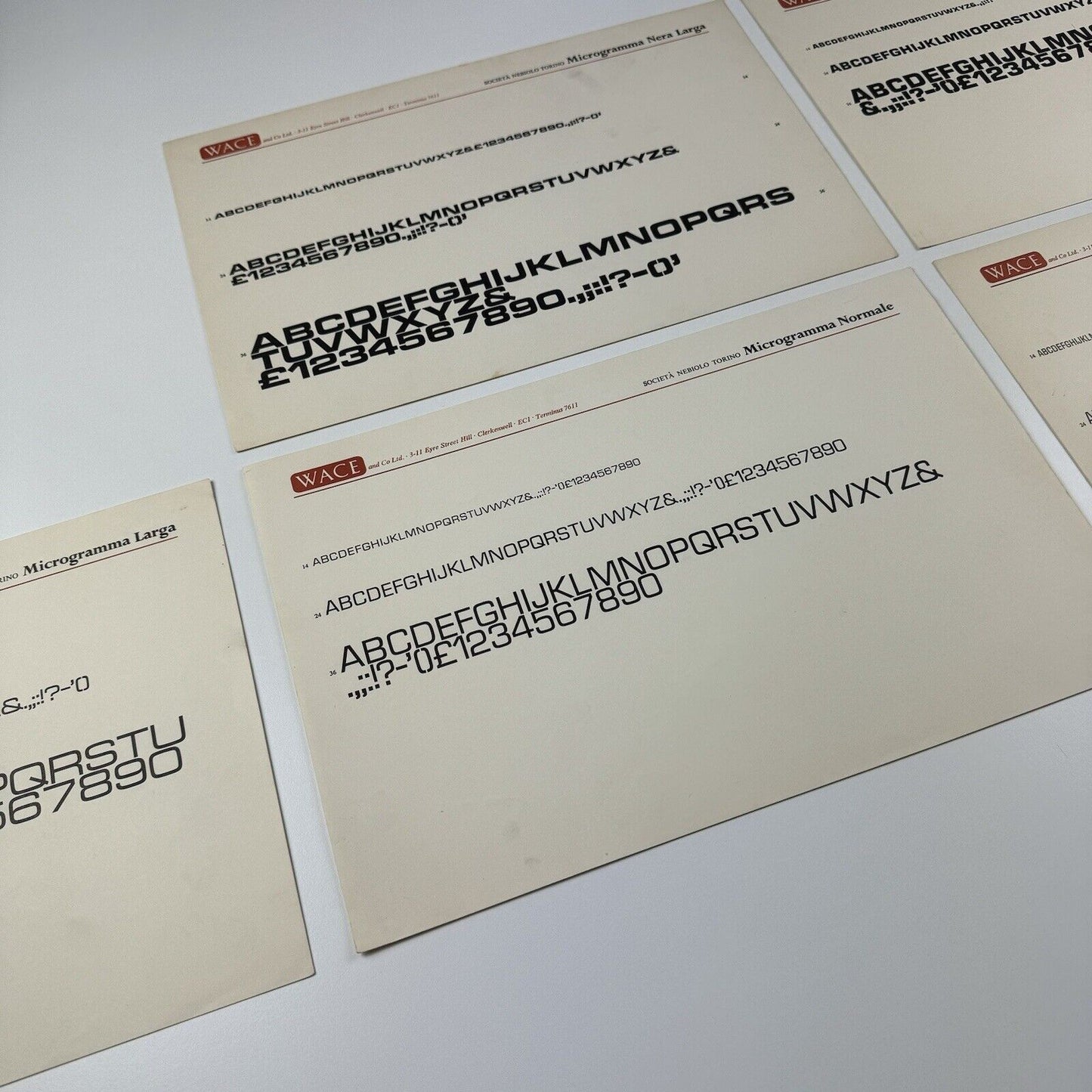 Società Nebiolo Microgramma type specimens x 5 printer Wace and Co Ltd, undated