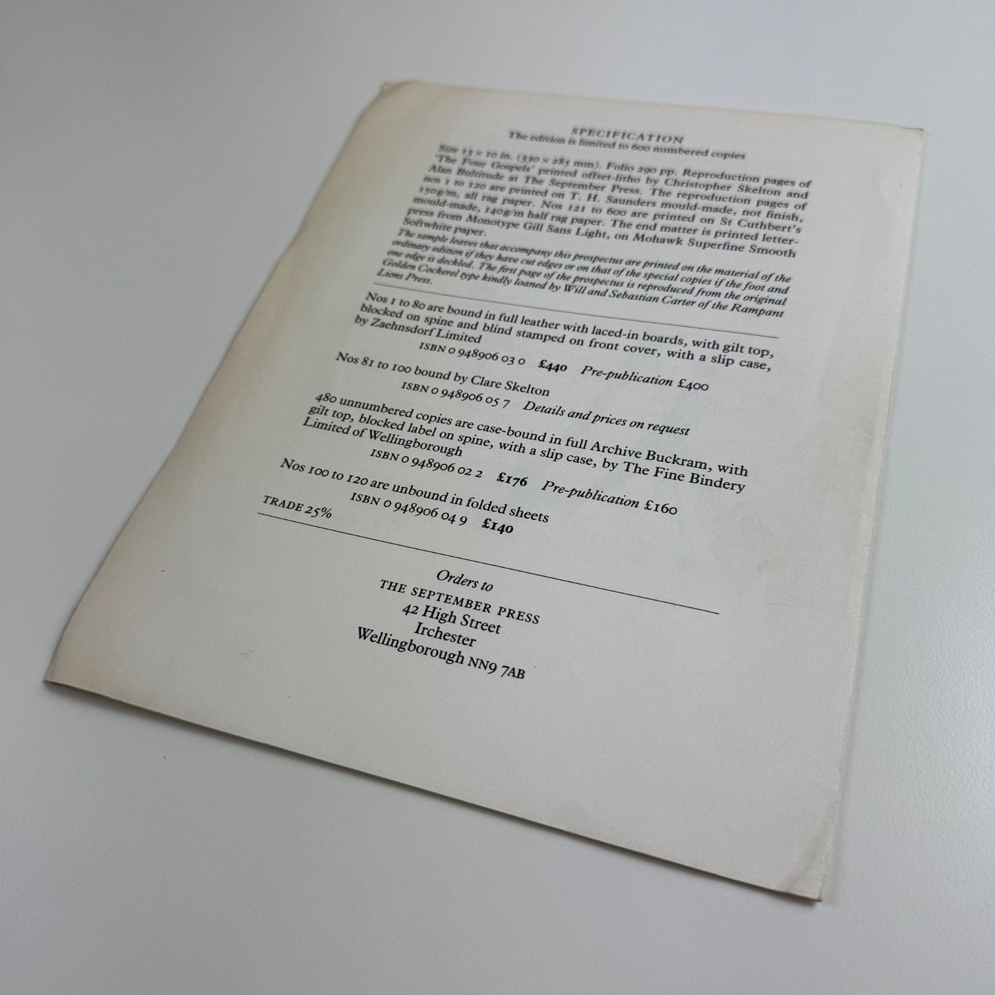 Order form for The Four Gospels The September Press Christopher Skelton, 1988 reproduction of The Golden Cockerel Press