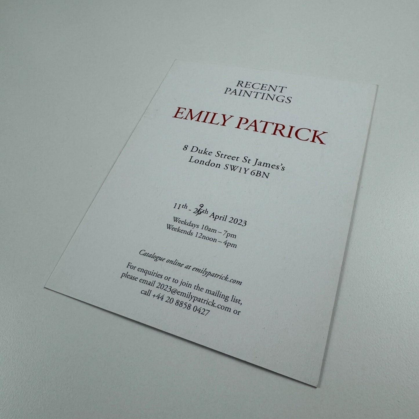 Promotional card for Recent Paintings Emily Patrick St James's 2023