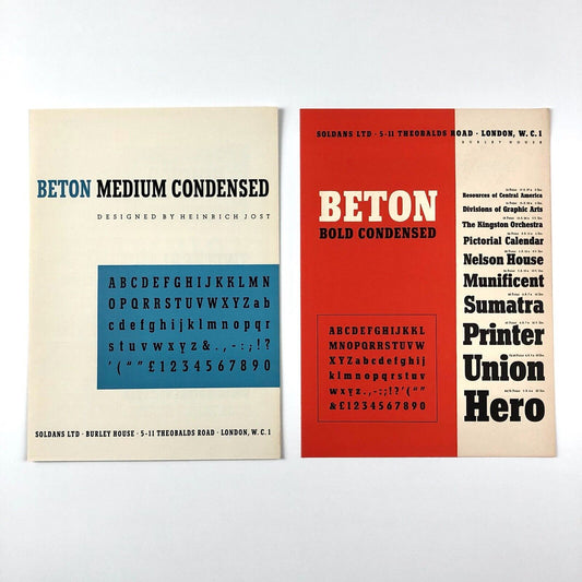 Beton Medium Condensed & Bold Condensed type specimen leaflets | Soldans Ltd, 1930s?