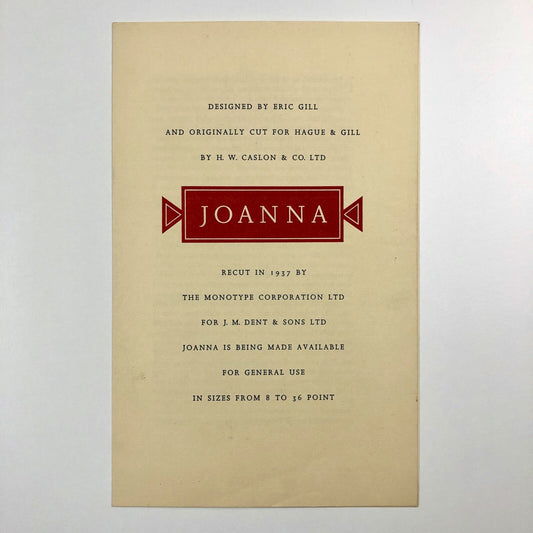 Joanna type specimen leaflet | Eric Gill | Monotype Corporation 1937