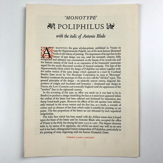 Poliphilus type specimen leaflet – with the italic of Aldo Blado | Monotype Corporation