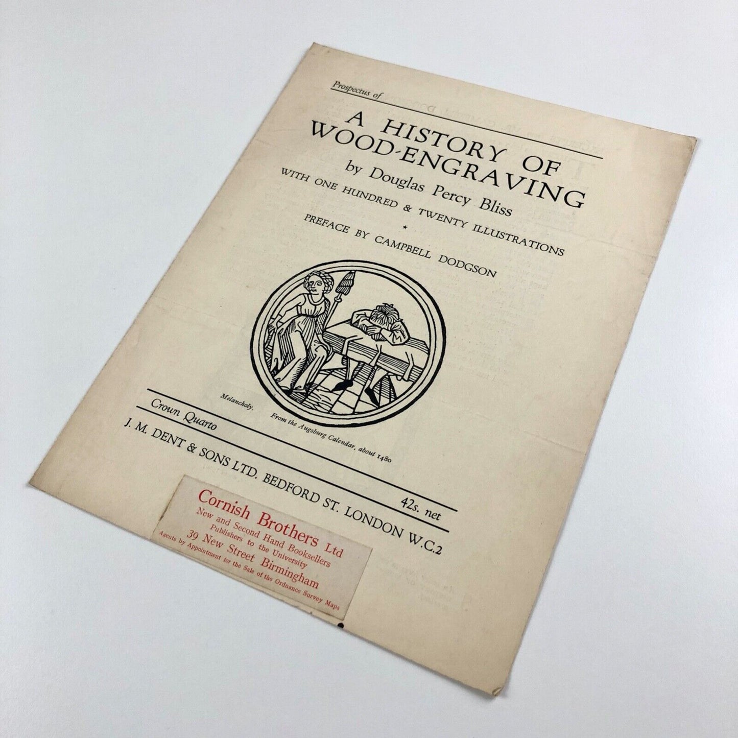 Prospectus for A History of Wood-Engraving by Douglas Percy Bliss | J.M. Dent & Sons Ltd, c .1928? | Cornish Brothers booksellers stamp