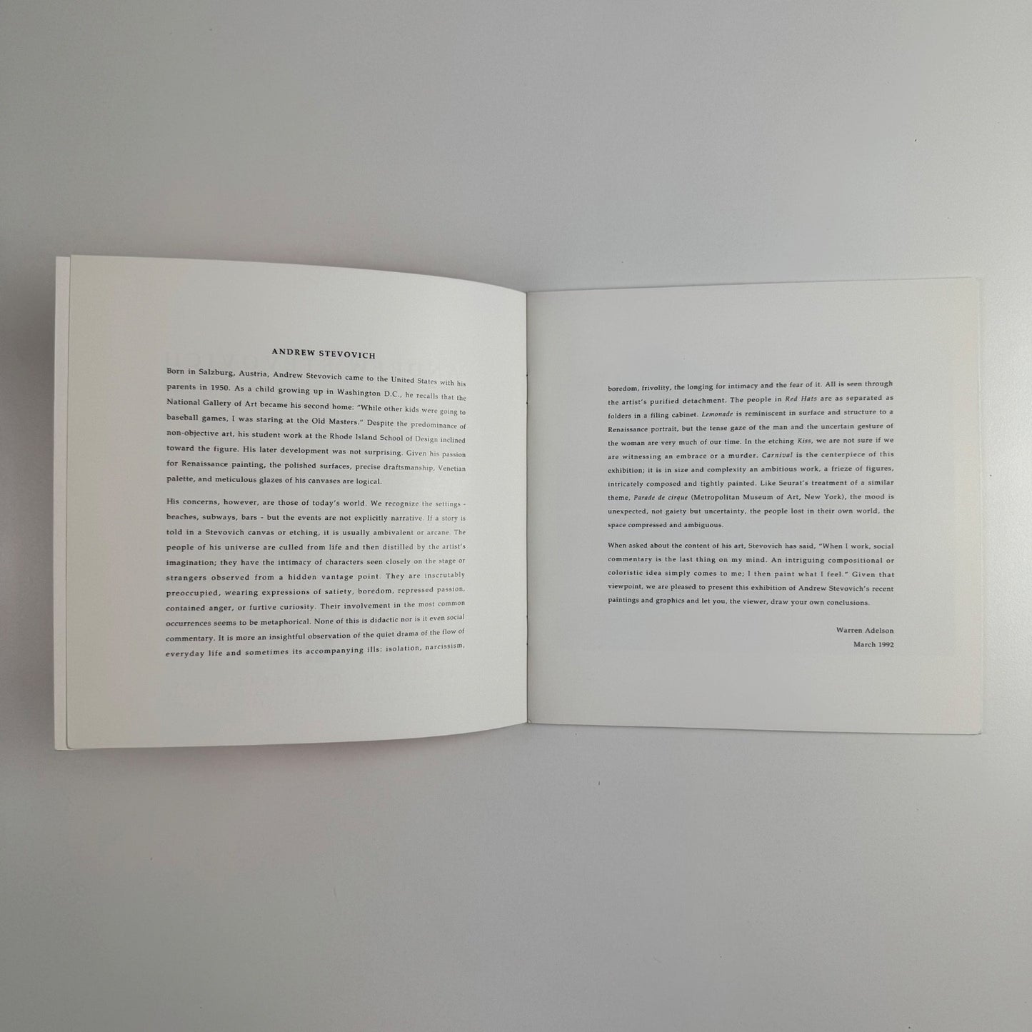 Andrew Stevovich. Recent Works | Adelson Galleries, New York, 1992