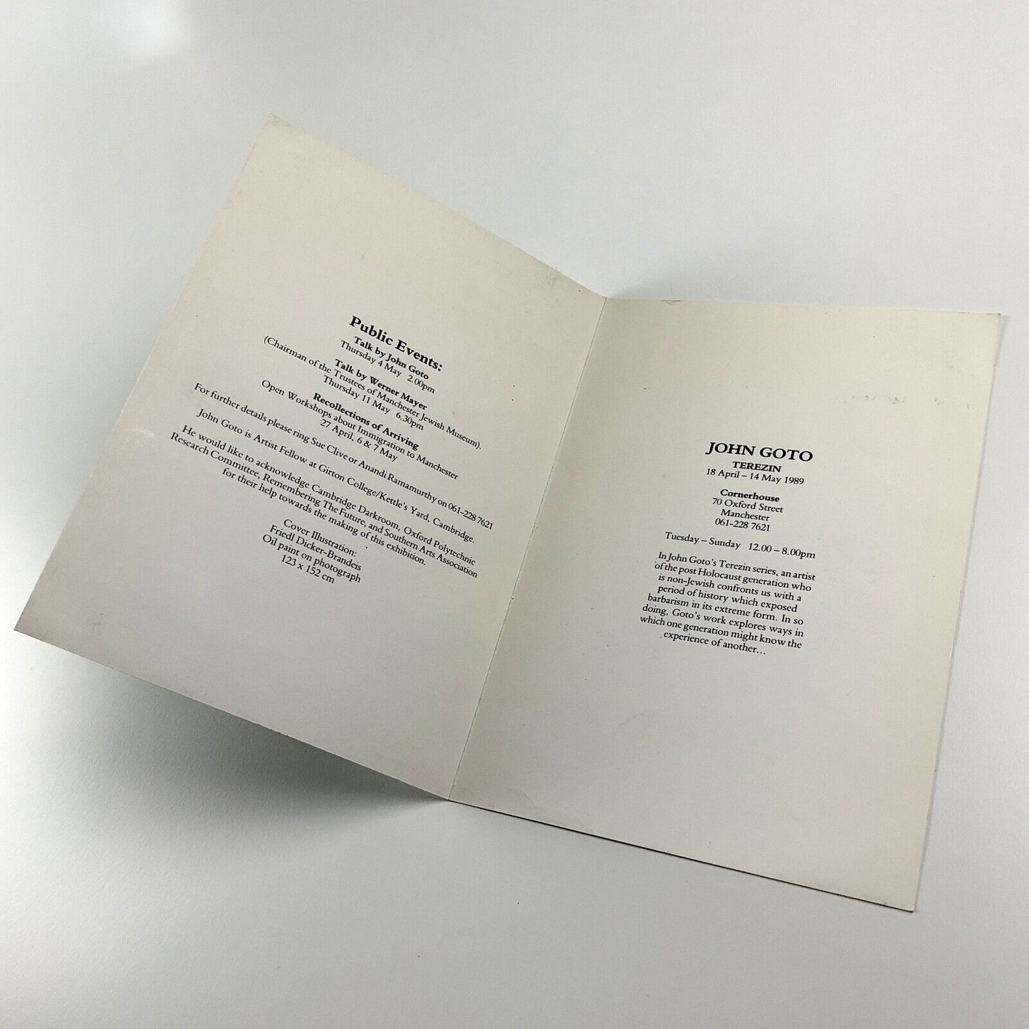 Folding card for John Goto. Terezin | Cornerhouse, Manchester, 1989