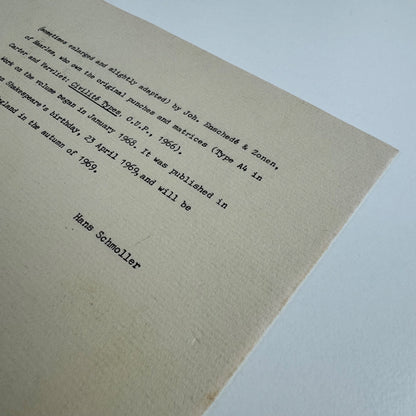 Leaflet: notes by Hans Schmoller on the Complete Pelican Shakespeare, c.1969