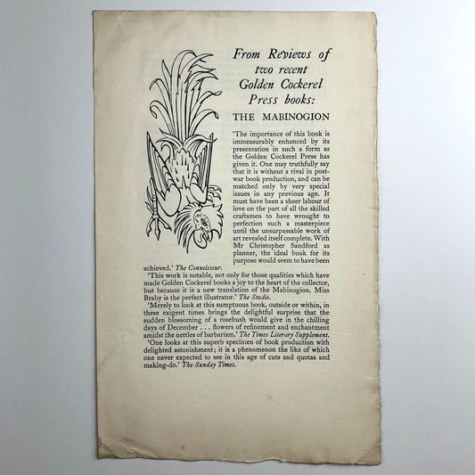 The Golden Cockerel Press The Mabinogion / Endymion promotional leaflet c.1947/8