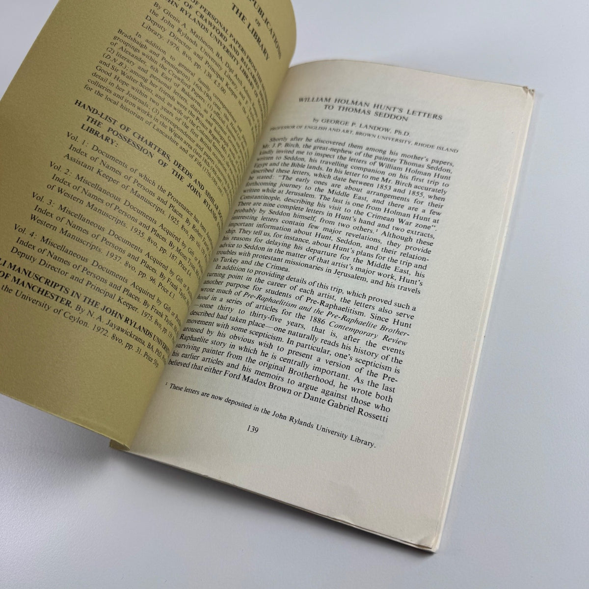 William Holman Hunt’s Letters to Thomas Seddon George P. Landow signed by author | Reprint from John Rylands University Library of Manchester, Vol 66, No. 1 Autumn 1983