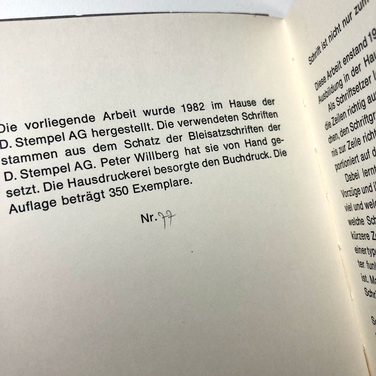 Schrift ist nicht nur zum Lesen da. Eine Studie über den Charakter der Schrift von Peter Willberg | D. Stempel AG, 1982 | Limited edition, numbered 77