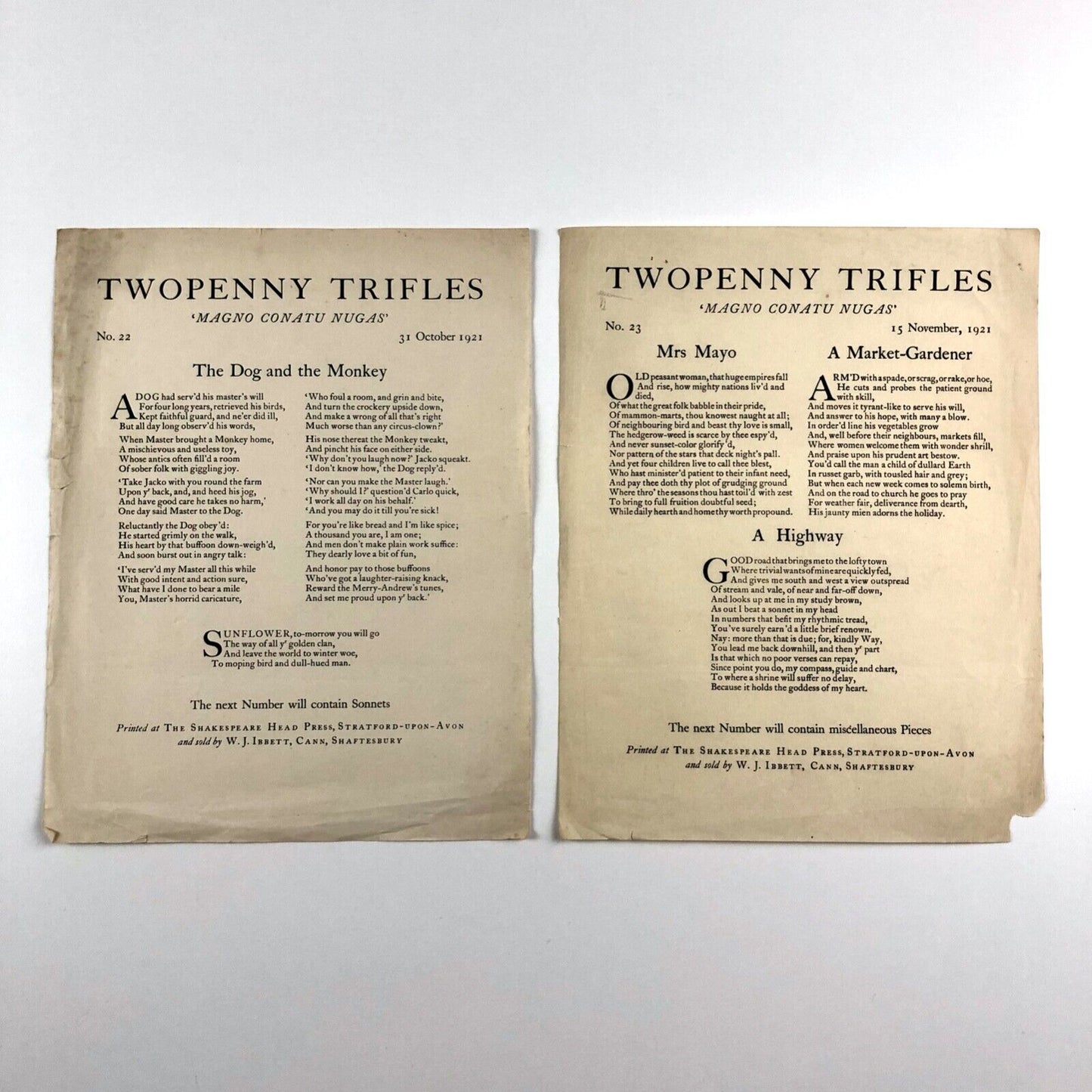 Twopenny Trifles No 21 and No 22 1921 | The Shakespeare Head Press sold by W.J. Ibbett
