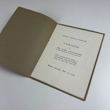 Commemorative booklet to accompany the Unveiling by the Lord Chancellor of panels commemorating the holding of Foreign Maritime Courts at the Guildhall during the World War, 1939-1945 at the Middlesex Guildhall, Westminster on 2 June 1947