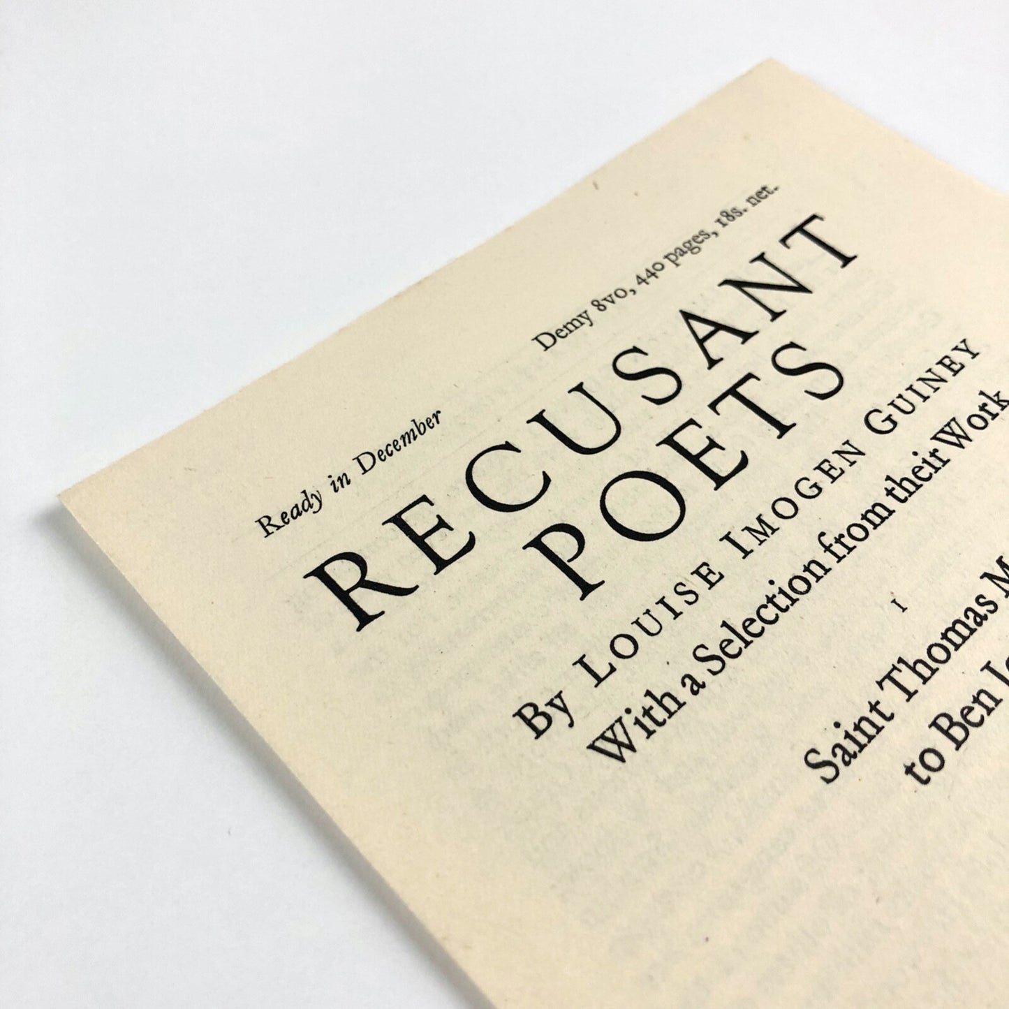Prospectus for Recusant Poets by Louise Imogen Guiney. with a selection from their work Saint Thomas More to Ben Jonson | Sheed & Ward 1938