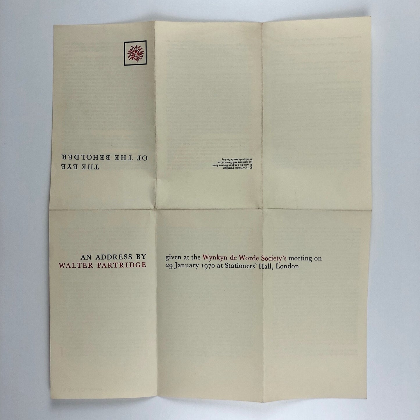 The Eye of the Beholder by Walter Partridge Wynkyne de Worde 1970 | Folded leaflet