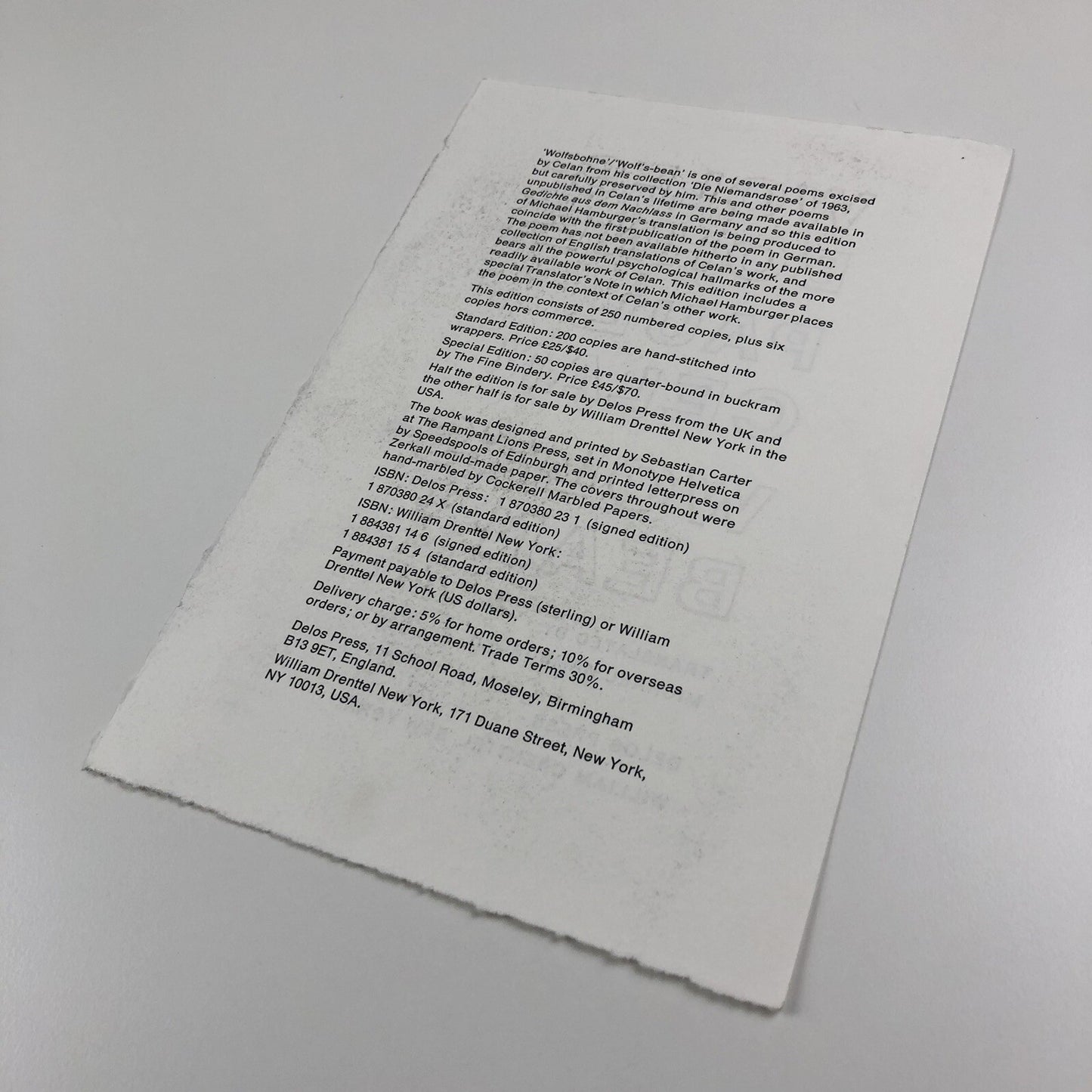 Prospectus – Wolfs-Bohne/Wolf’s-Bean by Paul Celan Delos Press/William Drenttel