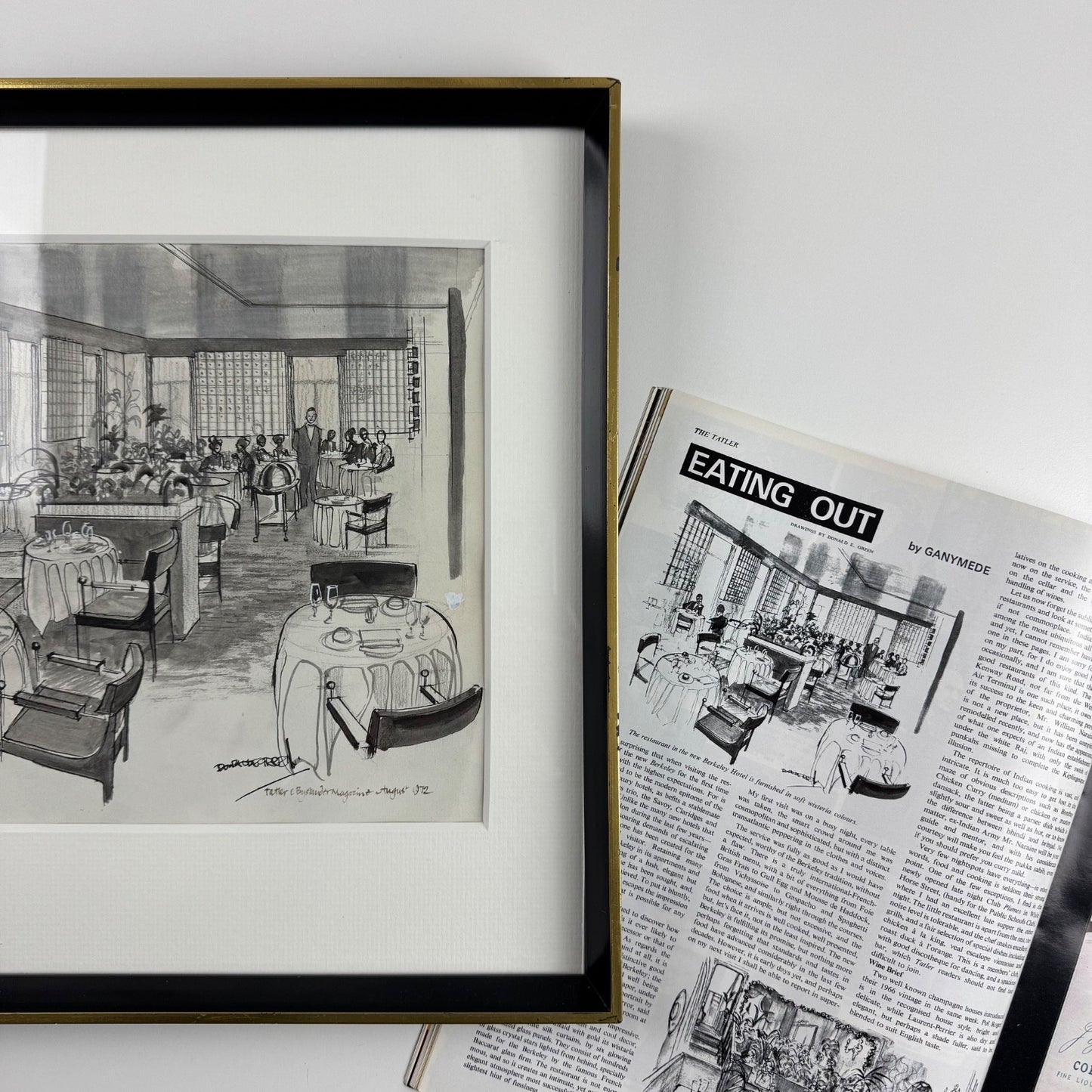 Restaurant at The Berkeley Hotel, London | Pen & ink drawing by Donald Edward Green | Includes related 1972 copy of Tatler and Bystander magazine