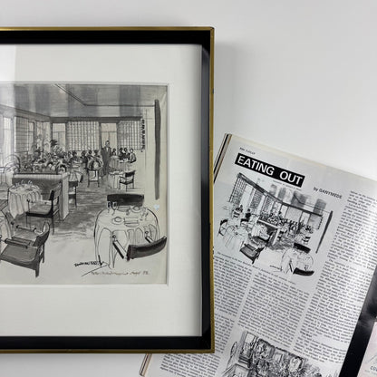 Restaurant at The Berkeley Hotel, London | Pen & ink drawing by Donald Edward Green | Includes related 1972 copy of Tatler and Bystander magazine