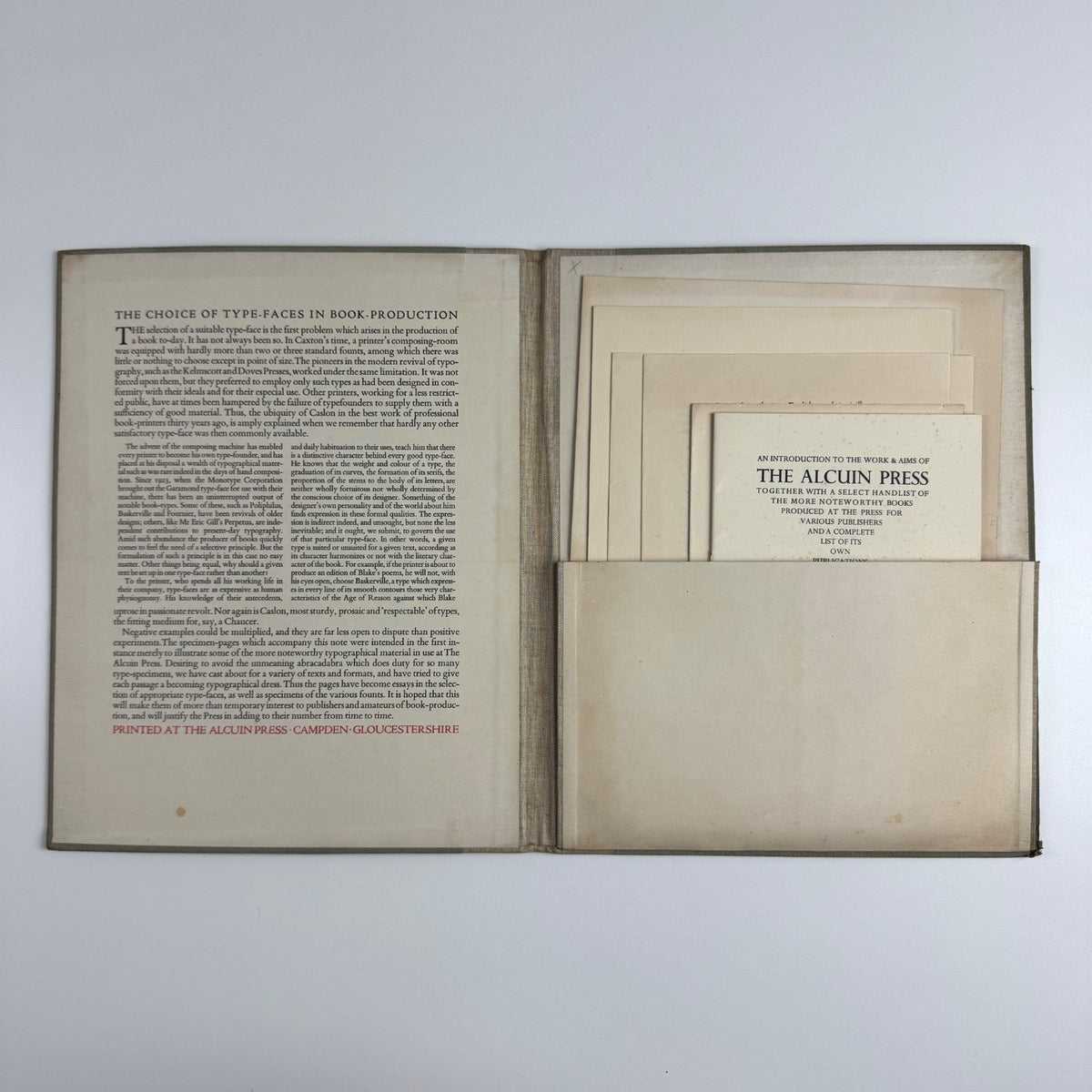 Folder type specimens The choice of type-faces in book-production | Alcuin Press, undated