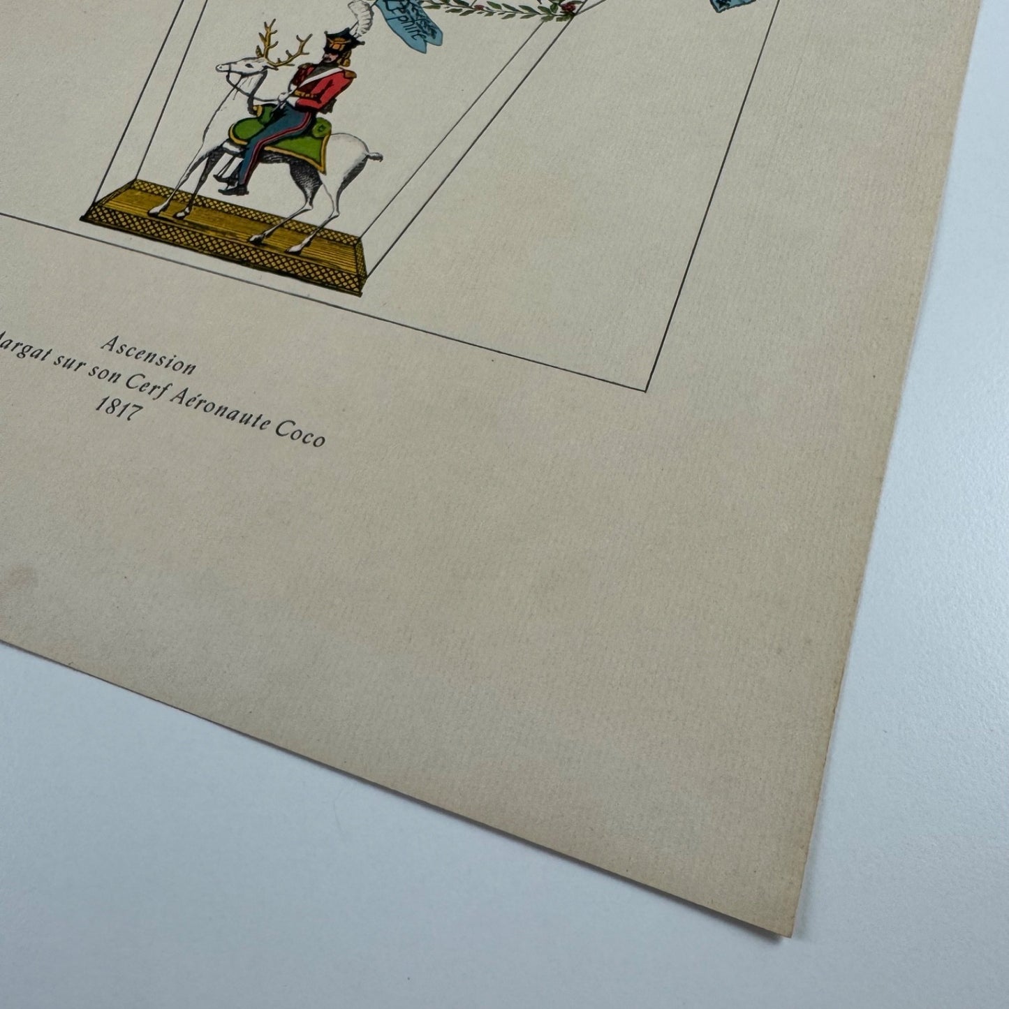 Coloured print of Ascension de Margat Sur son Cerf Aéronaute Coco in 1817, Aerial Press 1956