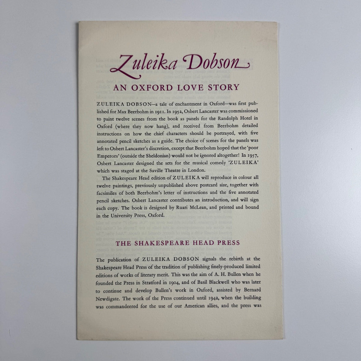 Prospectus for Zulieka Dobson | The Shakespeare Head Press, 1975