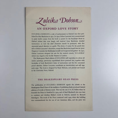 Prospectus for Zulieka Dobson | The Shakespeare Head Press, 1975