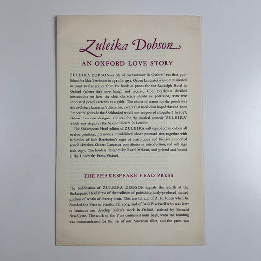 Prospectus for Zulieka Dobson | The Shakespeare Head Press, 1975