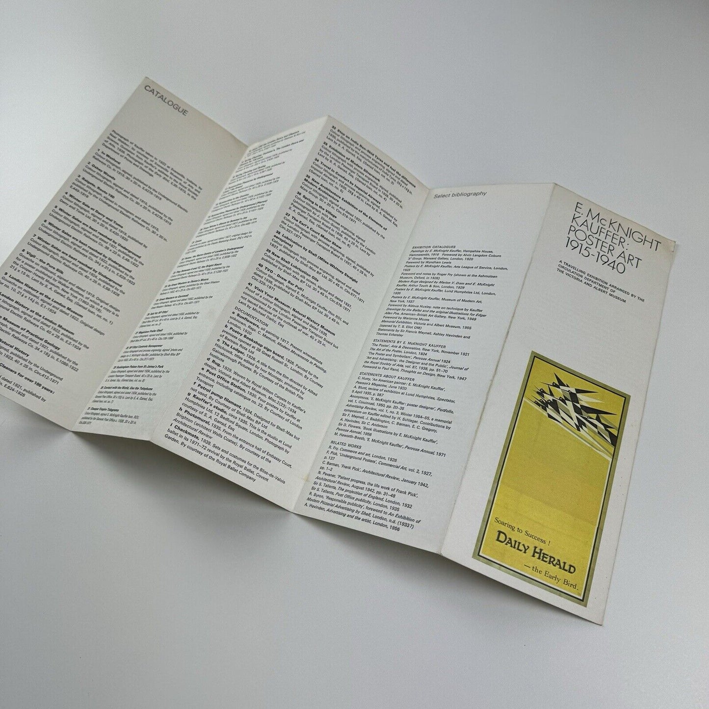 Folding card guide for E.McKnight Kauffer: Poster Art 1915-1940 travelling exhibition organised by V&A Circulation Dept 1973