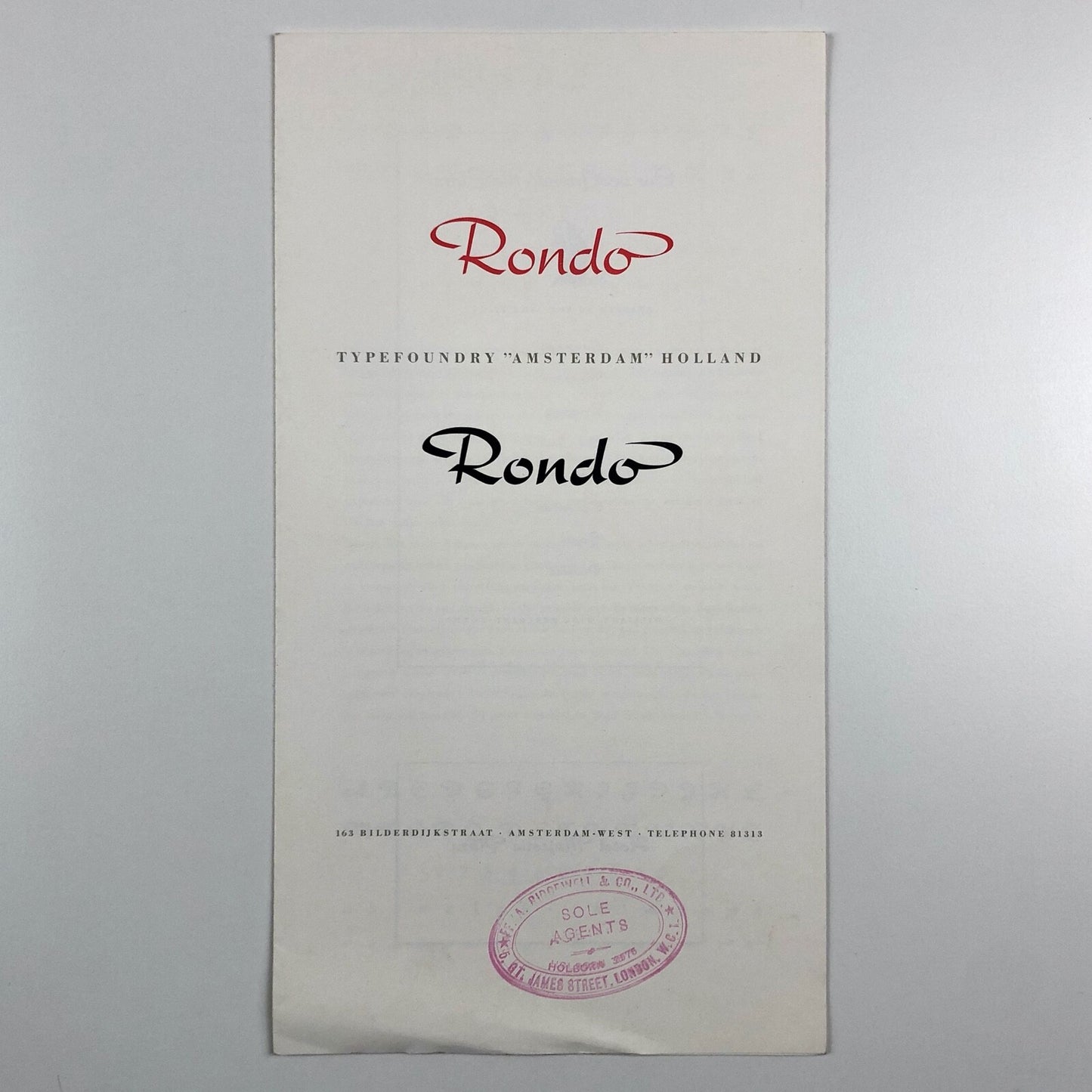 Type specimen – Rondo | Typefoundry Amsterdam | Design by Dick Dooyes, undated