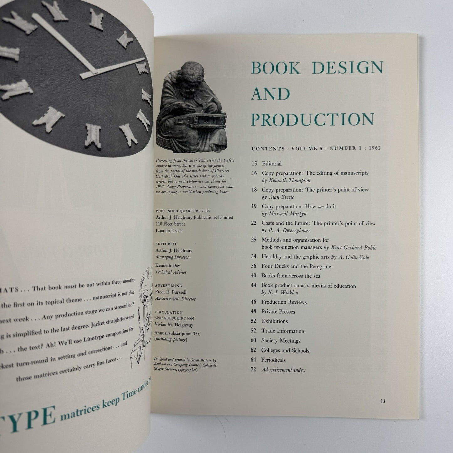 Book Design and Production | Volume 5 No 1 1962 | Ed. Arthur J. Heighway