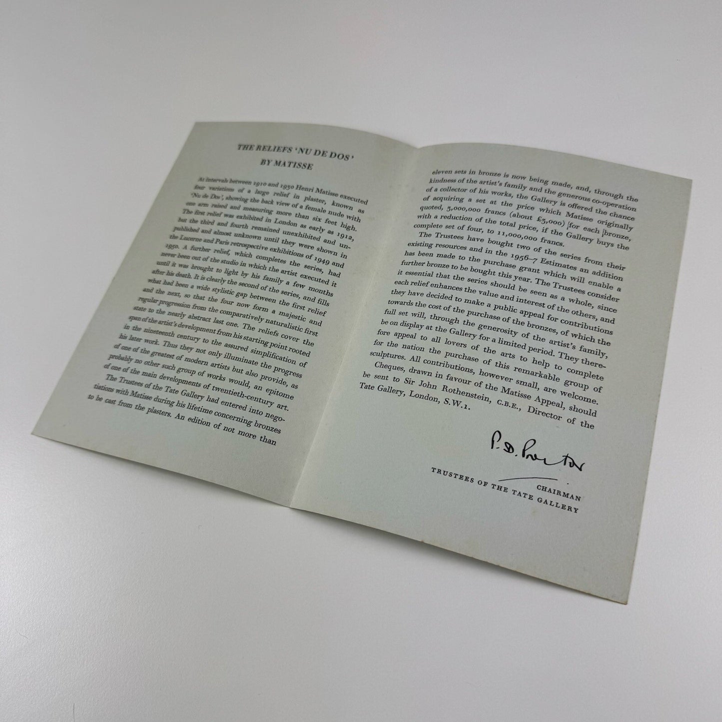 Leaflet Matisse’s ‘Nu de dos’. An appeal from the Tate Gallery | Curwen Press leaflet