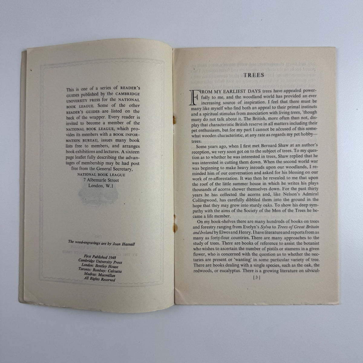 A Reader’s Guide Trees by R. St Barbe Baker | National Book League | Cambridge University Press, 1948, illustrations byJoan Hassall