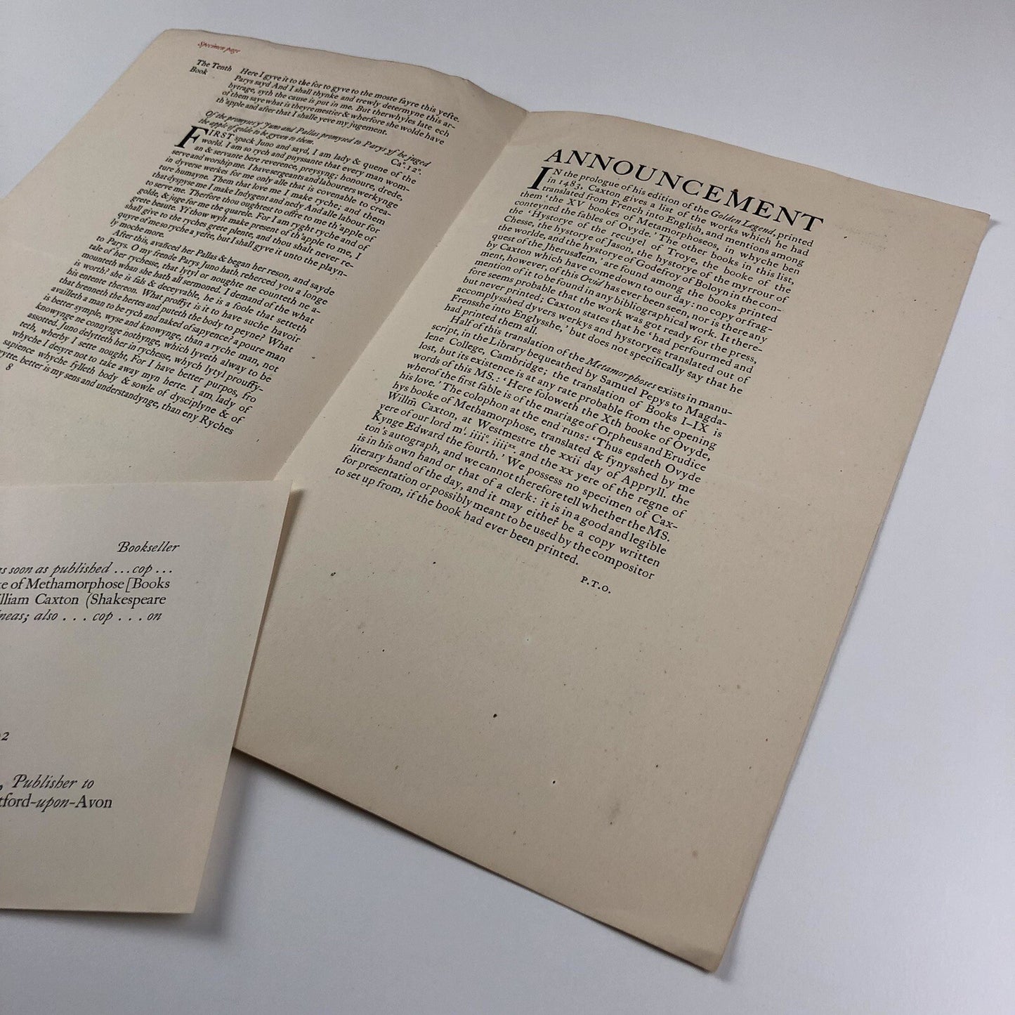 Prospectus – Ovyde Hys Booke of Methamorphose | William Caxton | Basil Blackwell 1923