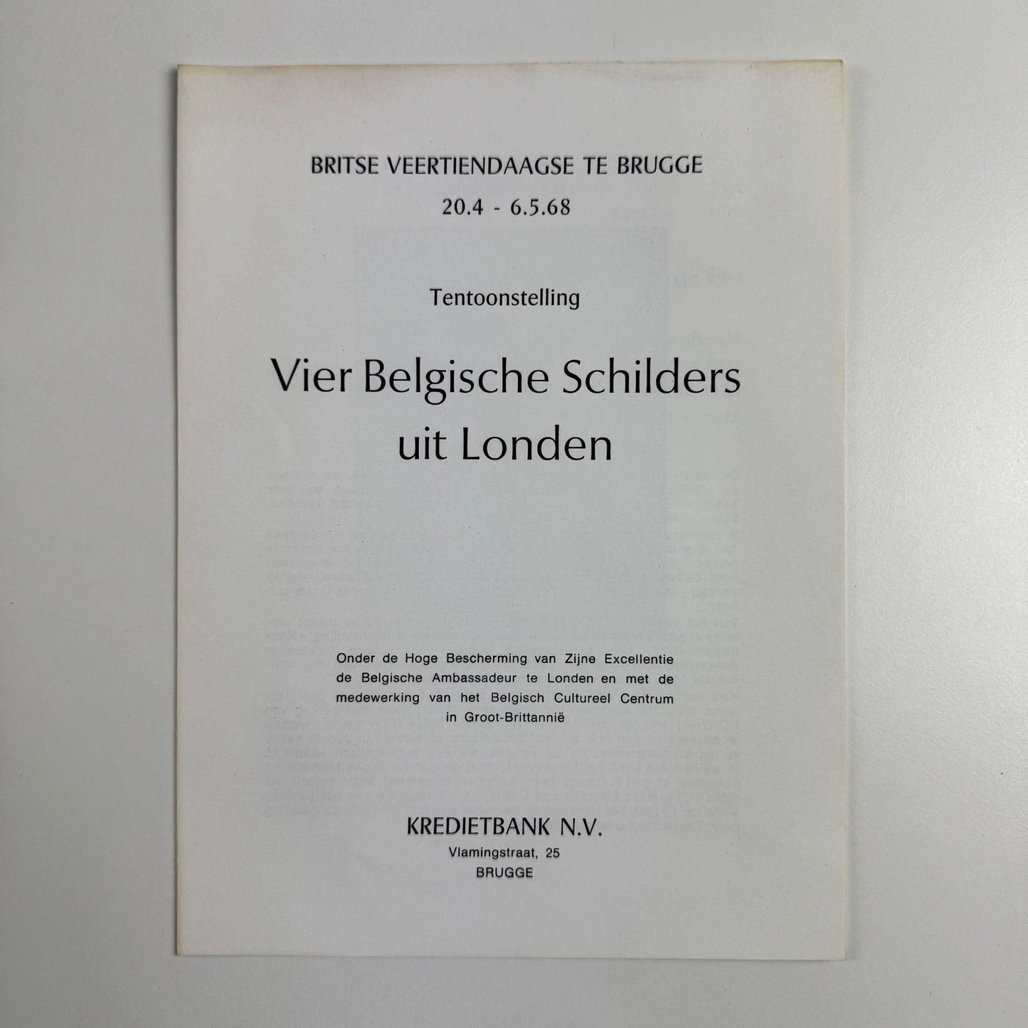 Leaflet Vier Belgische Schilders uit Londen (Four Belgian Painters from London) | Marcelle van Caillie, Maurice Jadot, E.L.T. Mesens, Willi Rondas | Britse Veertiendaagse te Brugge 1968