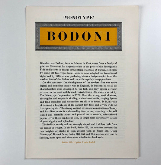 Monotype 'Bodoni' type specimen leaflet | The Monotype Corporation | Undated