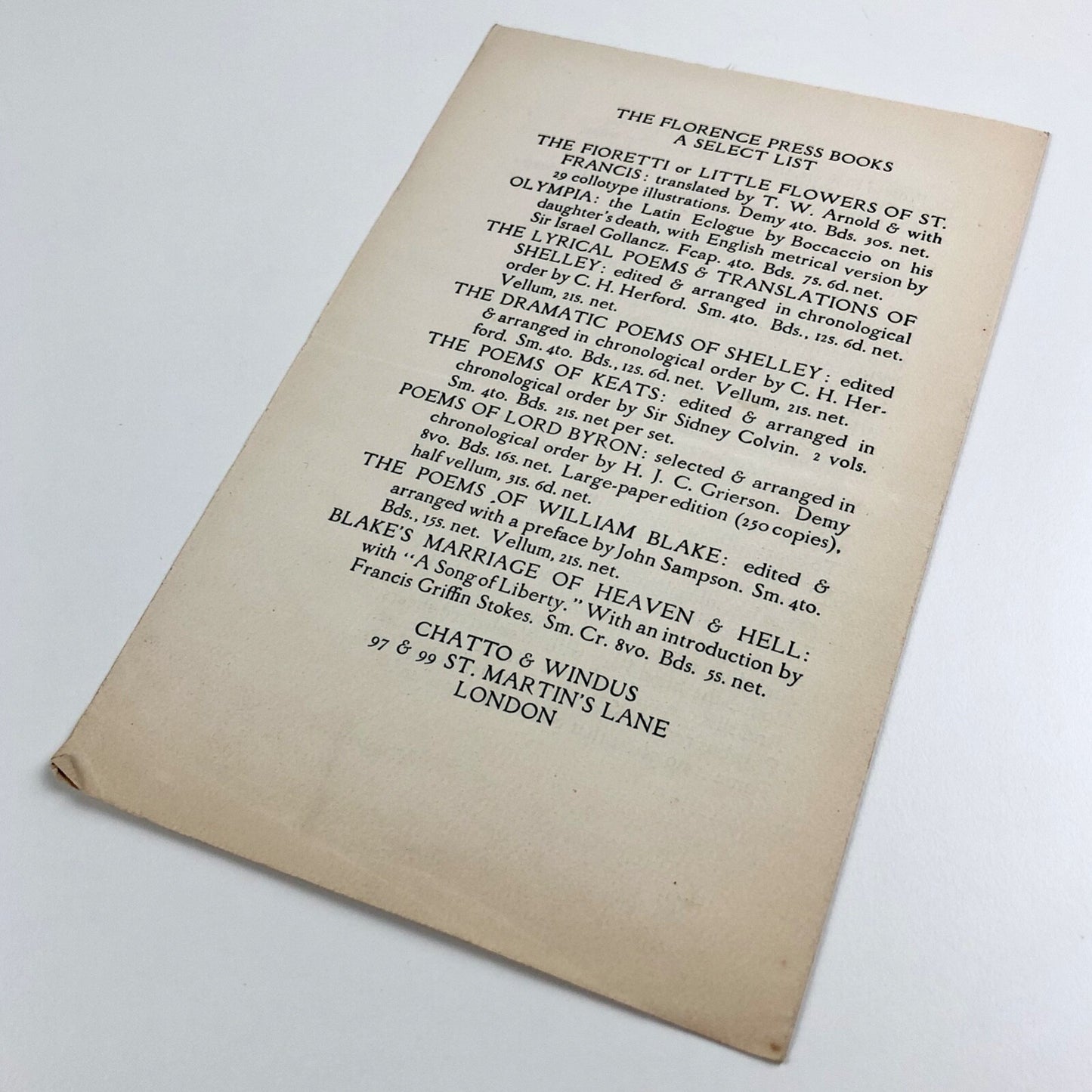 The Poems of John Milton prospectus / specimen page | Florence Press, Chatto & Windus, 1925