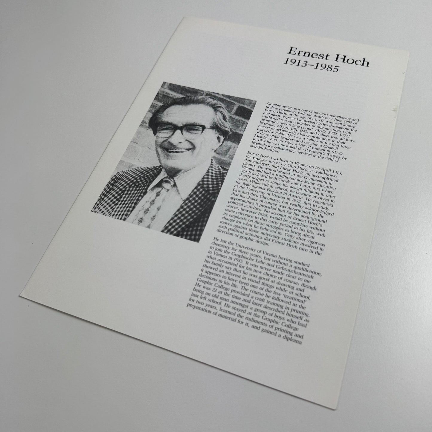 Obituary for Ernest Hoch by Michael Twyman, Department of Typography & Graphic Communication,  University of Reading, June 1985