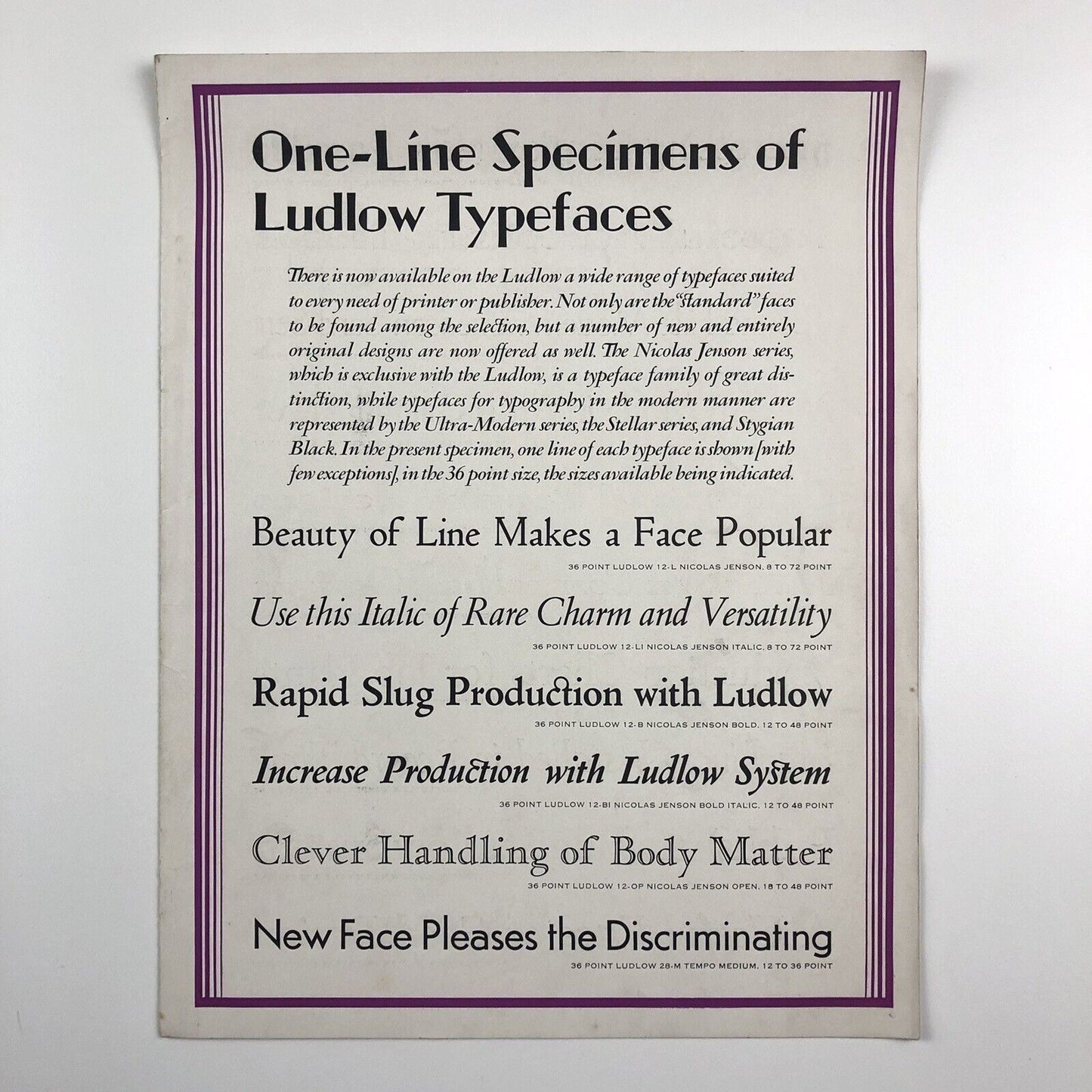 One-Line Specimens of Ludlow Typefaces | Type specimens booklet | Ludlow Typograph Company, Chicago | Undated, 1930s?