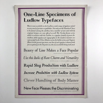 One-Line Specimens of Ludlow Typefaces | Type specimens booklet | Ludlow Typograph Company, Chicago | Undated, 1930s?