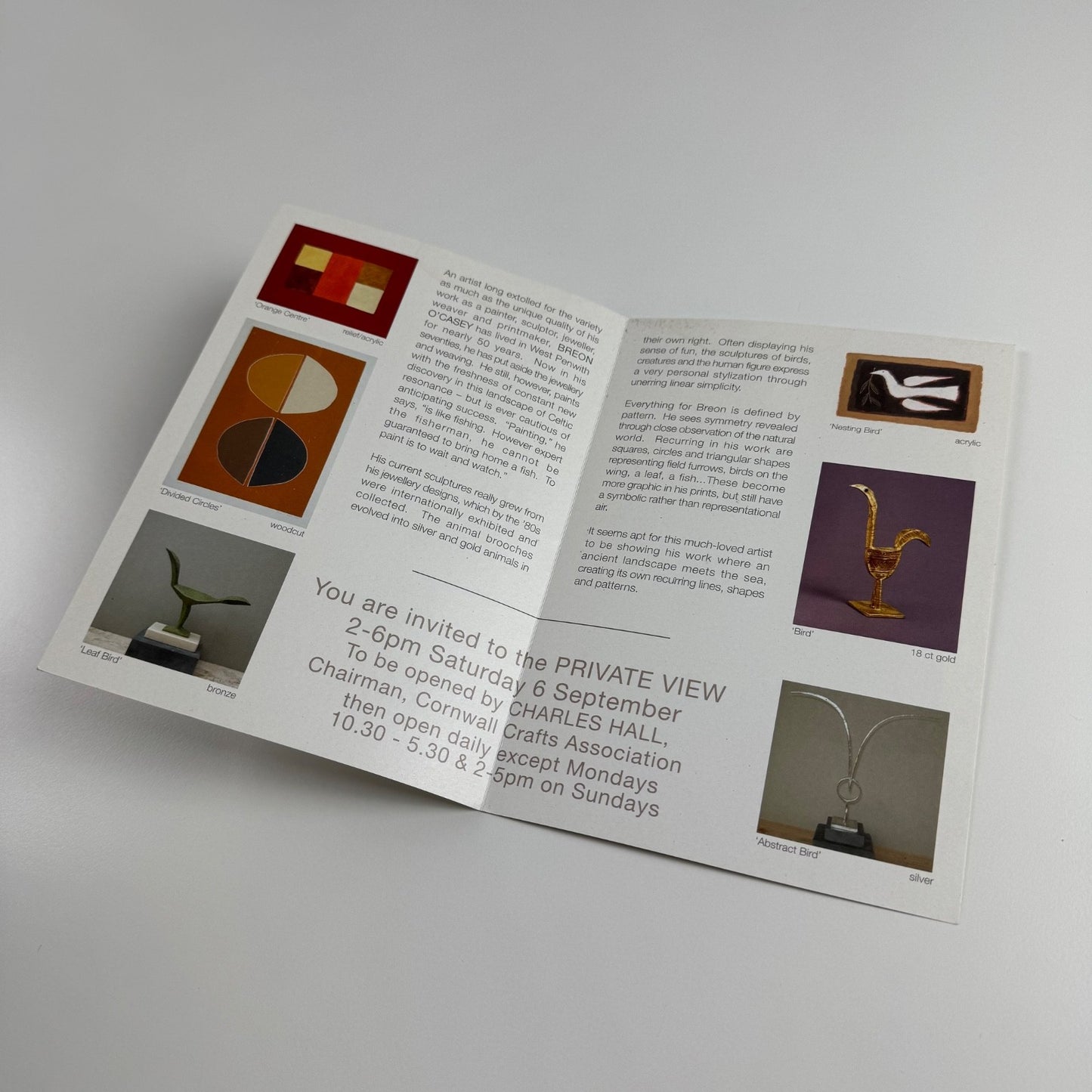 Promotional leaflet for Breon O’Casey new paintings and prints gold, silver & bronze sculpture with ceramics by Nigel Lambert | Yew Tree Gallery, 2003