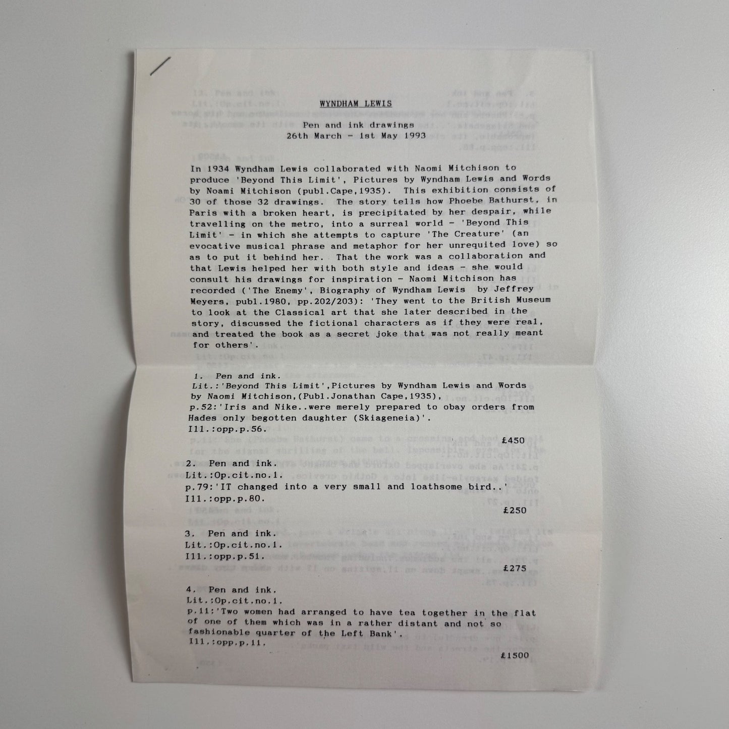 Leaflet detailing Wyndham Lewis. Pen and ink drawings at Abbott & Holder exhibition 1993