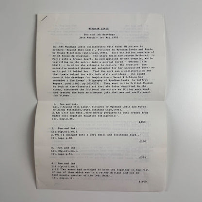 Leaflet detailing Wyndham Lewis. Pen and ink drawings at Abbott & Holder exhibition 1993