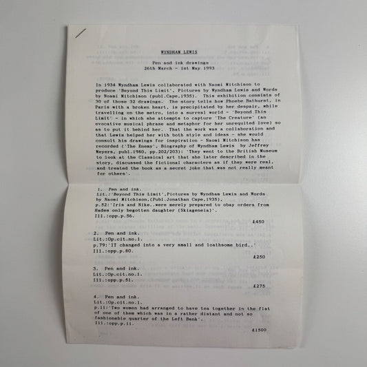 Leaflet detailing Wyndham Lewis. Pen and ink drawings at Abbott & Holder exhibition 1993