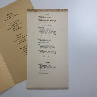 Ephemera: lunch menu The First Edition Club opening of the New Premises 6 Little Russell Street 1923
