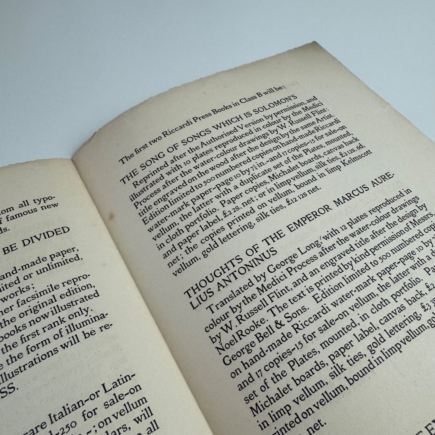 Prospectus of the Riccardi Press Books printed in the Riccardi fount designed by Herbert P. Horne. Philip Lee Warner | Medici Society Ltd, 1909