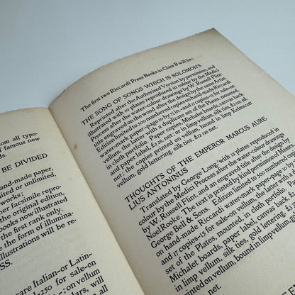 Prospectus of the Riccardi Press Books printed in the Riccardi fount designed by Herbert P. Horne. Philip Lee Warner | Medici Society Ltd, 1909