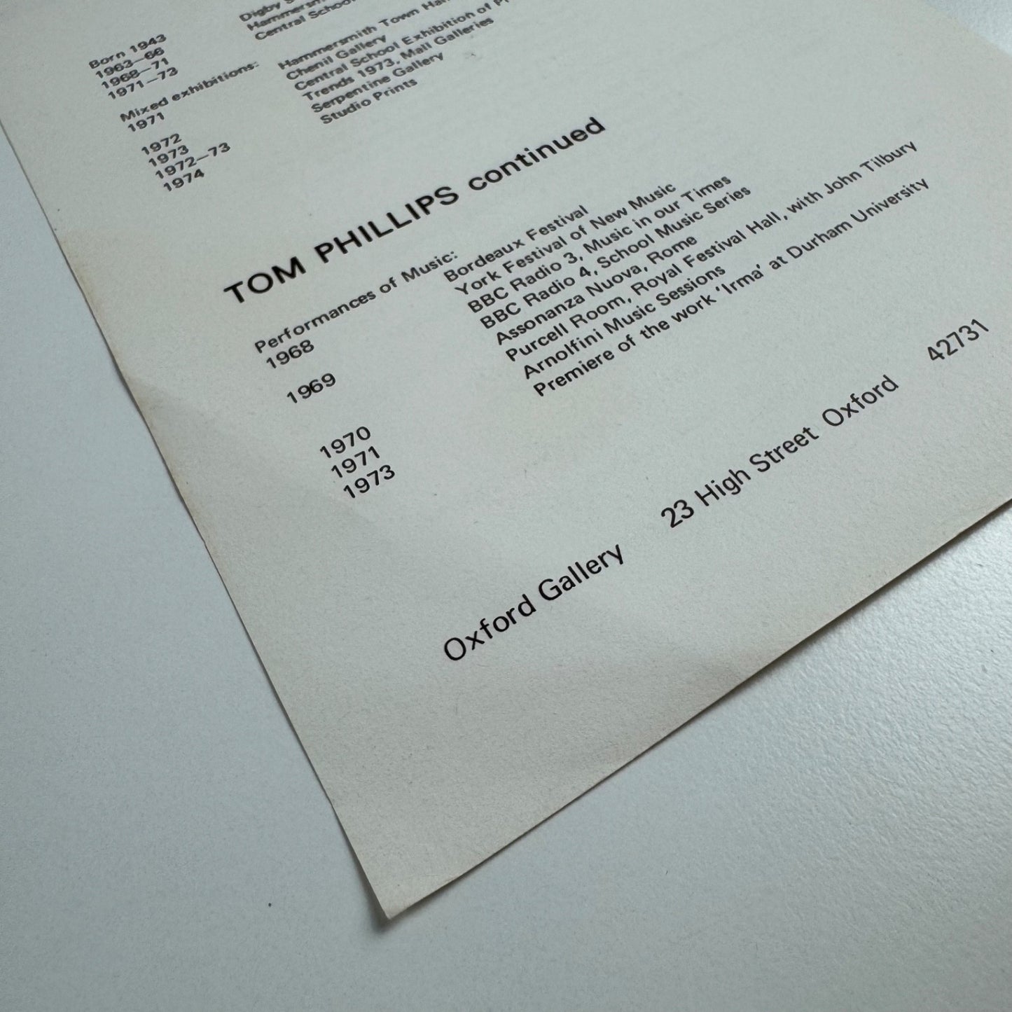 Tom Phillips and Jenny McNulty. Single sheet biographical info for Oxford Gallery, Oxford 1970s